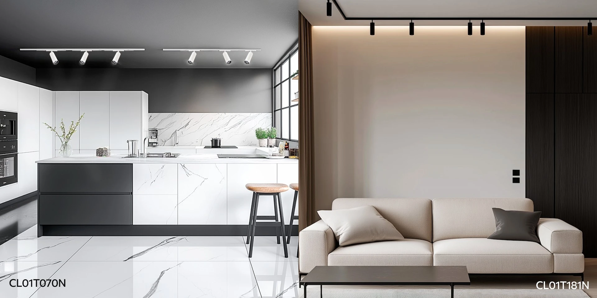 Трековые светильники на кухне и в гостиной Трековые светильники на кухне и в гостиной